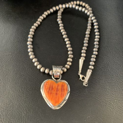 Navajo Orange Heart Spiny Oyster Pendant | Sterling Silver Necklace | Authentic Native American Handmade | 13948 - Masha USA