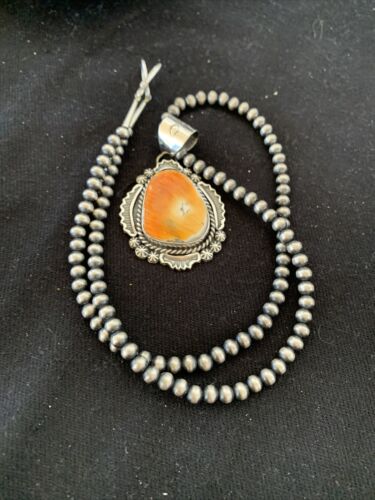 Navajo Orange Spiny Oyster Pendant Necklace | Sterling Silver Pearls | Authentic Native American Handmade | 00777