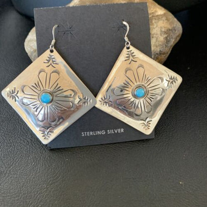 Navajo Blue Turquoise Earrings | Stamped Sterling Silver | Authentic Native American Handmade | 13322