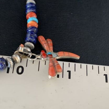 Navajo Dragonfly Pendant | Sterling Silver Turquoise Coral Multi-Color Inlay | Authentic Native American Handmade | 13556 - Masha USA