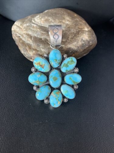 Navajo Blue Sonoran Gold Turquoise Cluster Pendant | Authentic Native American Sterling Silver | Multi-Stone | 14071
