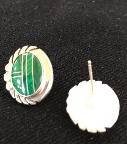 Navajo Green Malachite Inlay Earrings | Sterling Silver | Authentic Native American Handmade | 1987