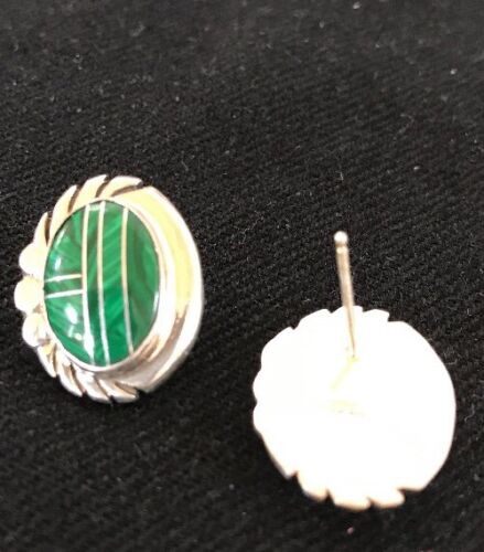Navajo Green Malachite Inlay Earrings | Sterling Silver | Authentic Native American Handmade | 1987