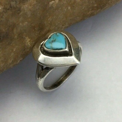 Navajo Heart Blue Turquoise Inlay Ring | Sterling Silver | Sz 5.5 | Authentic Native American Handmade | 01731