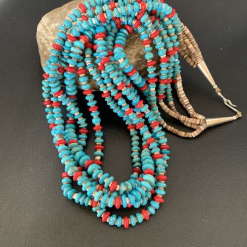 Southwestern Santo Domingo Coral Spiny Blue Turquoise Necklace | 5 Strand | 22" | 12049