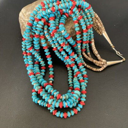Southwestern Santo Domingo Coral Spiny Blue Turquoise Necklace | 5 Strand | 22" | 12049