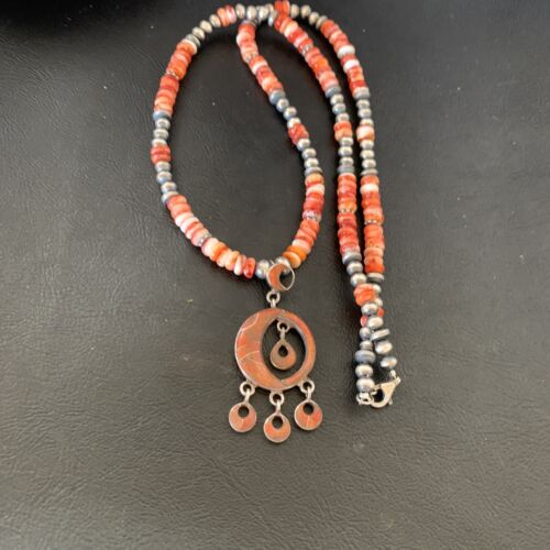 Navajo Pearl Necklace with Red Apple Coral & Spiny Oyster Pendant | Sterling Silver Inlay | 12371