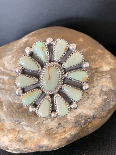 Navajo Green Turquoise Cluster Ring | Authentic Native American Sterling Silver | Multi-Stone | Sz 7.5 | 12191