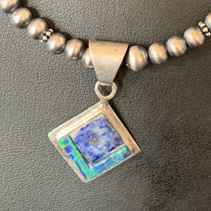 Men's Turquoise, Lapis & Opal Inlay Pendant | Navajo Sterling Silver Necklace 21" | 12605
