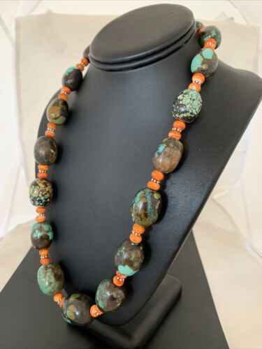 Navajo Green Turquoise & Orange Spiny Oyster Necklace | Sterling Silver | 23" | 1845