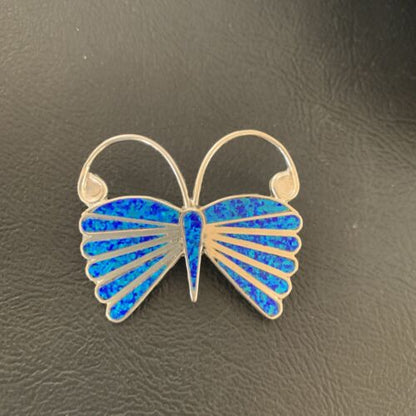 Navajo Blue Opal Butterfly Sterling Silver Necklace Pin Pendant | 11973
