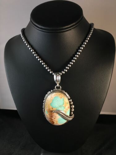 Royston Turquoise Pendant | Navajo Pearls Sterling Silver Necklace | Authentic Native American Handmade | 8730