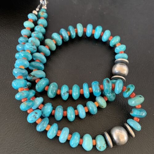 Navajo Natural Turquoise and Spiny Oyster Necklace | Sterling Silver | 25" | Authentic Native American Handmade | 13235