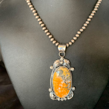 Navajo Bumblebee Jasper Pendant Necklace | Sterling Silver | Authentic Native American Handmade | 14201