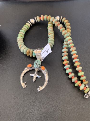 Navajo Pearl Necklace with Sterling Silver Green Turquoise & Spiny Oyster Naja Pendant | 11700