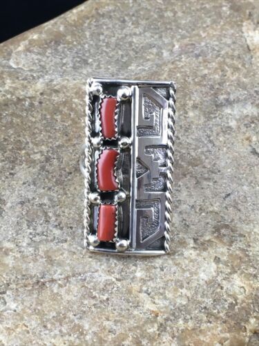 Navajo Red Coral Ring | Sterling Silver | Sz 9 | Authentic Native American Multi-Stone | 10092