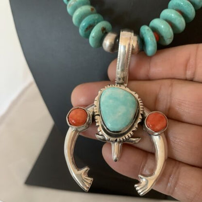 Navajo Sterling Silver Necklace | Blue Turquoise & Spiny Oyster Naja Pendant | Authentic Native American Handmade | 2060
