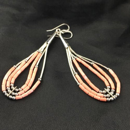 Handmade Liquid Silver Tube Bead Heishi Dangle Earrings | Pink Coral | Sterling Silver | 2.25" | 2025