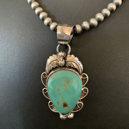 Men's Navajo Pearls Necklace with Blue Turquoise Pendant | Sterling Silver | Authentic Native American Handmade | 11137