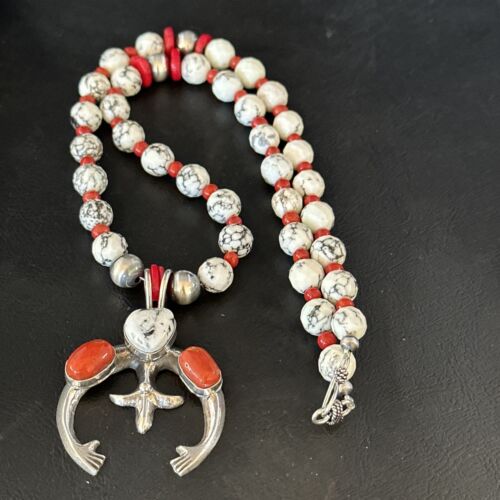 Navajo White Buffalo Turquoise Coral Naja Pendant Necklace | Sterling Silver | 22" | 14690