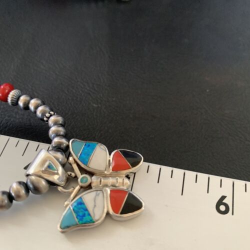 Opal Inlay Butterfly Pendant | Navajo Sterling Silver | Coral & Turquoise | 21" | 12582
