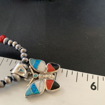 Opal Inlay Butterfly Pendant | Navajo Sterling Silver | Coral & Turquoise | 21" | 12582