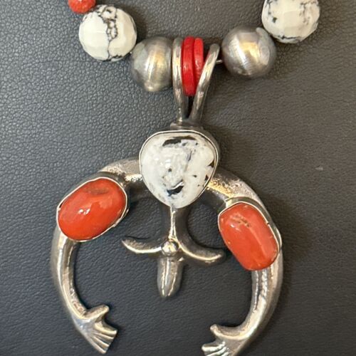 Navajo White Buffalo Turquoise Coral Naja Pendant Necklace | Sterling Silver | 22" | 14690
