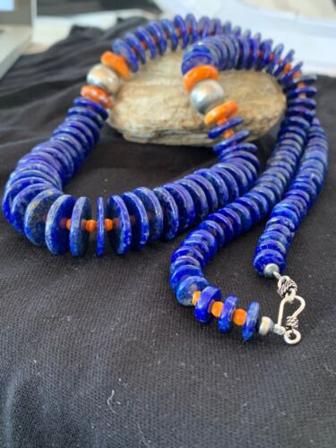 Authentic Native American Navajo Sterling Silver Beads Necklace Set | Lapis & Spiny Oyster| 30" | 11856