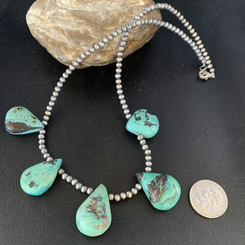 Navajo Teardrop Blue Turquoise Necklace | Sterling Silver Pearls | 20" | Authentic Native American Handmade | 13959