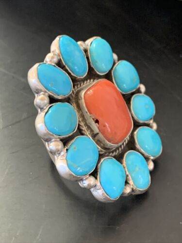 Navajo Blue Kingman Turquoise and Coral Cluster Ring | Authentic Native American Sterling Silver | Multi-Stone | Sz 7.5 | 11530