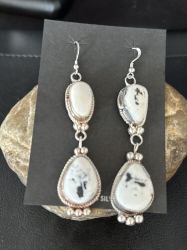 Navajo White Buffalo Turquoise Dangle Earrings | Sterling Silver | 2.5" | Authentic Native American Handmade | 14801