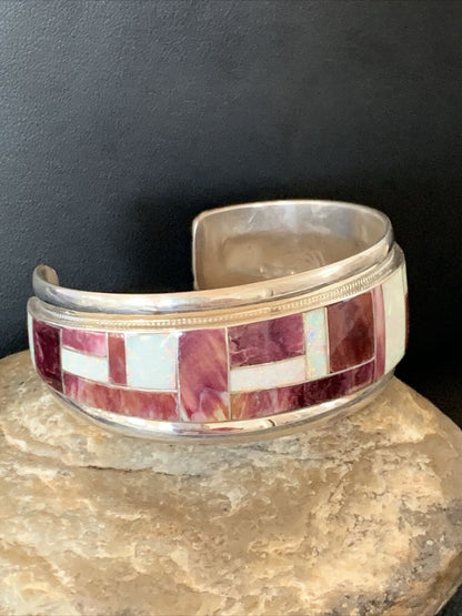 Zuni Purple Spiny Oyster Opal Inlay Cuff Bracelet | Sterling Silver | Authentic Native American Handmade | 12094