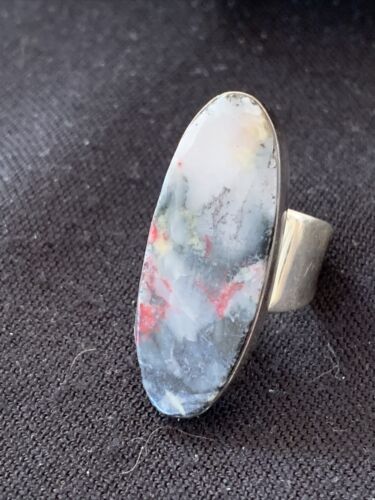 Southwestern Navajo Cinnabrite Ring | White Black | Sterling Silver | Sz 7.5 | 1562