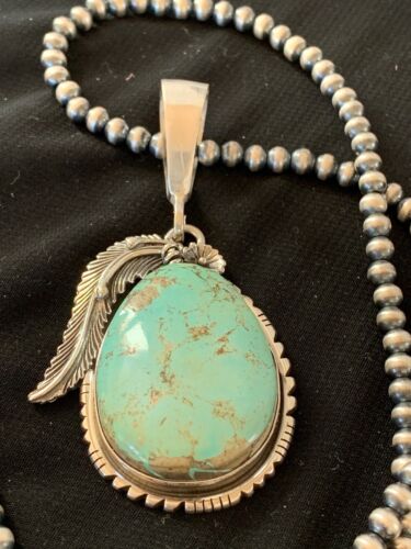 Men's Navajo Pearls | Sterling Silver | Blue Turquoise #8 Necklace & Pendant Set | 13749