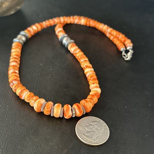 Navajo Orange Spiny Oyster Necklace | Sterling Silver Pearls | 20" | Authentic Native American Handmade | 14645