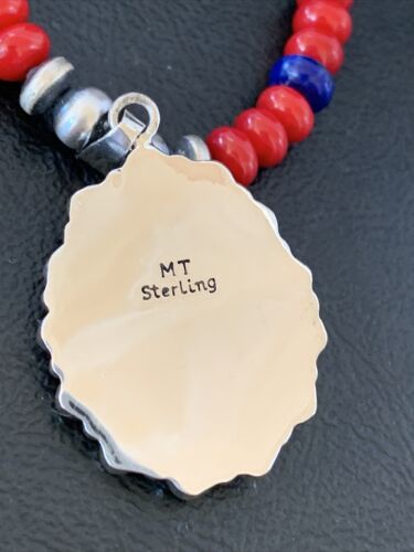Navajo Red Stabilized Coral Lapis Necklace Cluster Pendant | Sterling Silver | Multi-Stone | 10633