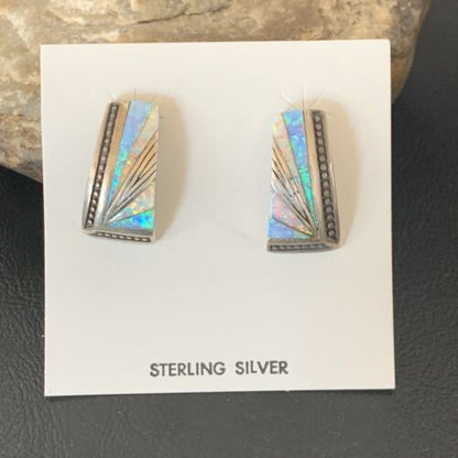 Navajo Blue White Opal Inlay Earrings | Sterling Silver | Authentic Native American Handmade | 12117 - Masha USA