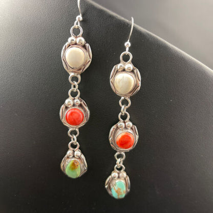 Navajo Spiny, Turquoise & Howlite Dangle Earrings | Sterling Silver | Authentic Native American Handmade | 1634