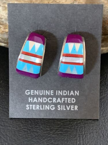 Navajo Multi-Color Turquoise Sugilite Inlay Earrings | Sterling Silver | 0.50" | 12998