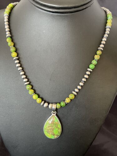 Navajo Pearl Necklace with Green Mojave Turquoise Pendant | Sterling Silver | Authentic Native American Handmade | 10580