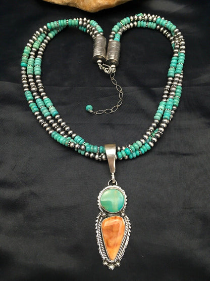 Navajo Kingman Turquoise & Spiny Oyster Necklace Pendant | Sterling Silver | 21" | Multi-Stone 2861