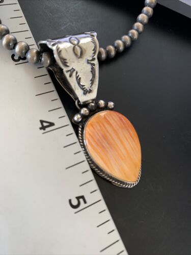 Navajo Orange Spiny Oyster Pendant Necklace | Sterling Silver | Authentic Native American Handmade | 13080