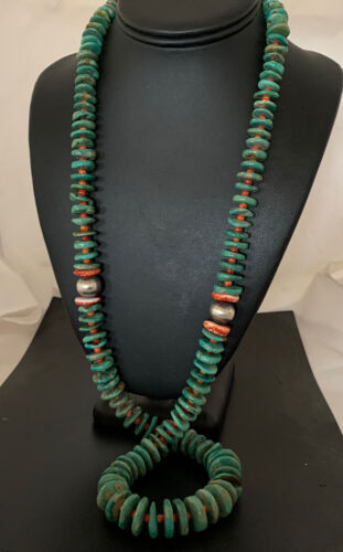 Authentic Native American Navajo Necklace | Sterling Silver | Green Turquoise & Spiny Oyster | 32" | 1670