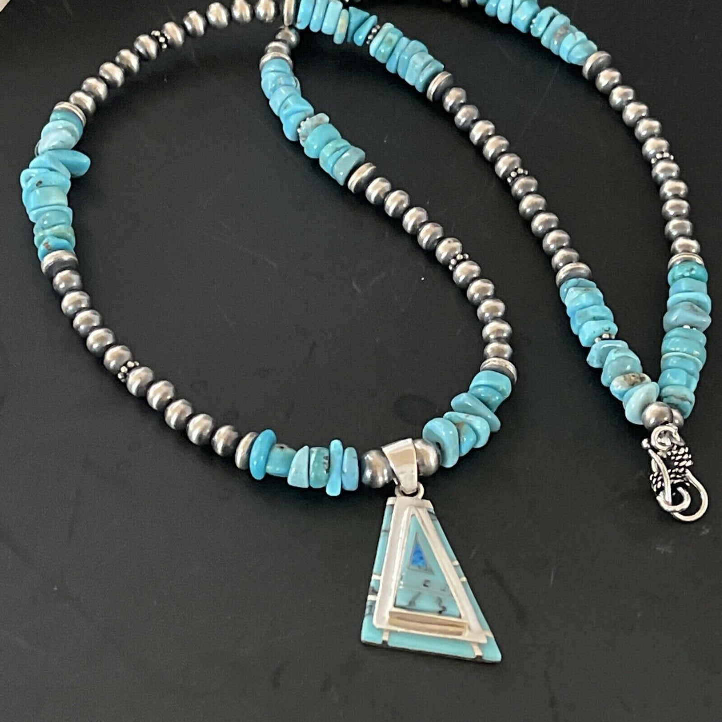 Authentic Native American Navajo Sterling Silver Pendant | Blue Turquoise & Opal Inlay Necklace | 11331