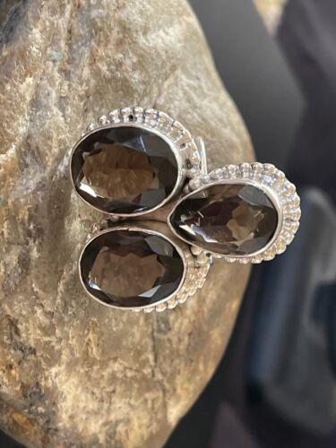 Navajo Smokey Quartz Cluster Ring | Authentic Native American Sterling Silver | Multi-Stone | Sz 8 | 11451