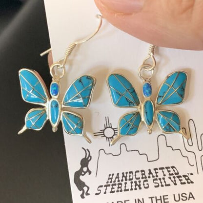 Navajo Blue Turquoise Inlay Butterfly Earrings | Sterling Silver | 0.5" | 12013 - Masha USA