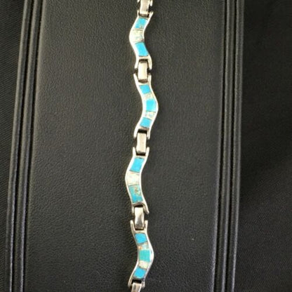 Women's Sterling Silver Turquoise Coral Inlay Link Bracelet | 6.75" | Authentic Native American Handmade | 2027