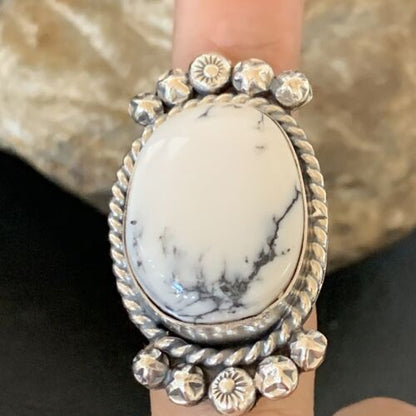 Native American White Buffalo Turquoise Ring | Navajo Sterling Silver | Sz 7.5 | 13353