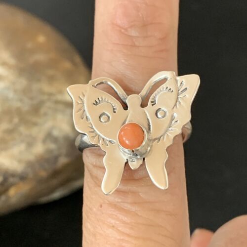 Navajo Orange Spiny Oyster Butterfly Ring | Sterling Silver | Sz Adj 8 | Authentic Native American Handmade | 10351