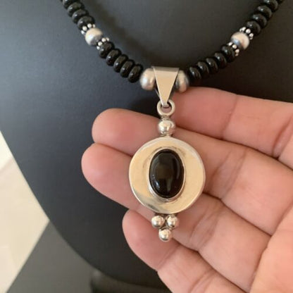 Navajo Pearls Black Onyx Bead Necklace | Sterling Silver | Authentic Native American Handmade | 2085